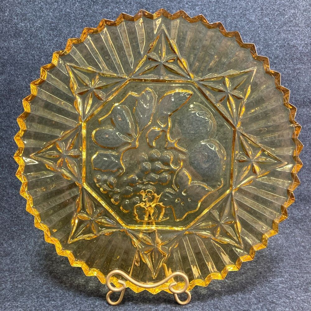 Vintage Amber Federal Fruit Glass Serving Plate 1940's‎ Pioneer Fruit Pattern